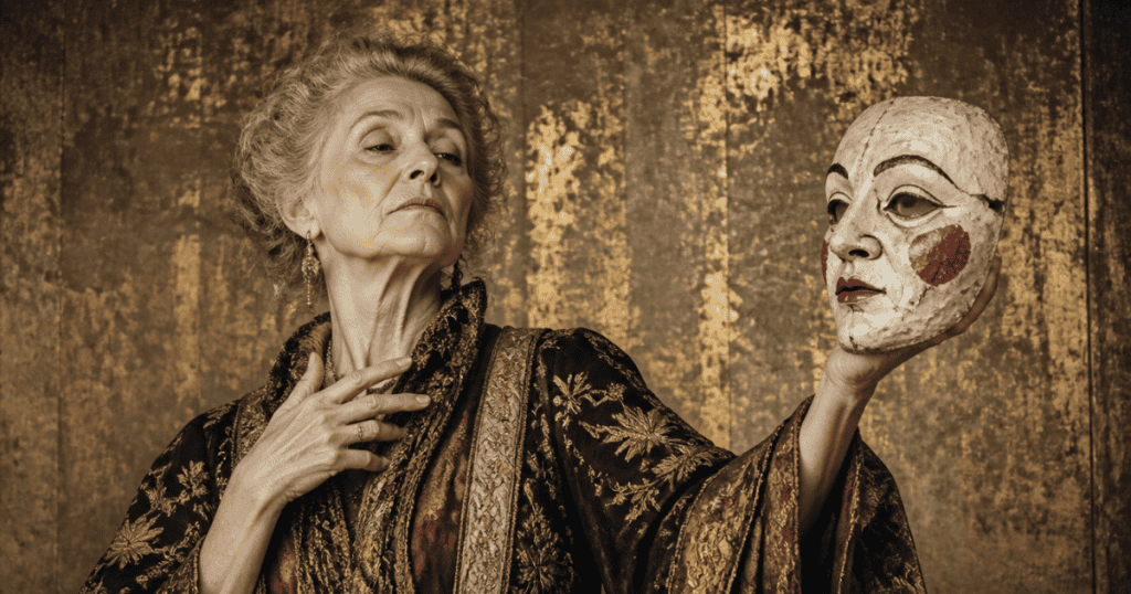 An elegant older woman in a rich brocade robe tilts her head back with a haughty expression while holding a pale theatrical mask in her outstretched hand, capturing a moment of calculated performance and role-switching.