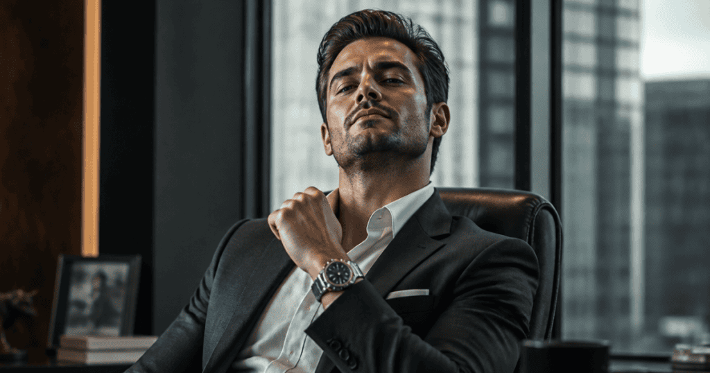 A confident man leans back in a leather executive chair while looking down with a detached, superior gaze, showcasing an impenetrable posture that signals an absolute refusal to be moved by another person’s presence.