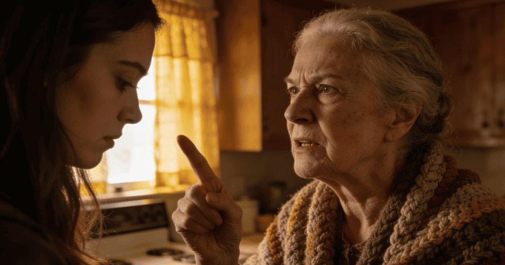 An older woman points an accusing finger at a younger woman who looks downward in resignation, capturing the heavy emotional toll it takes when you are forced to accept blame for everything.