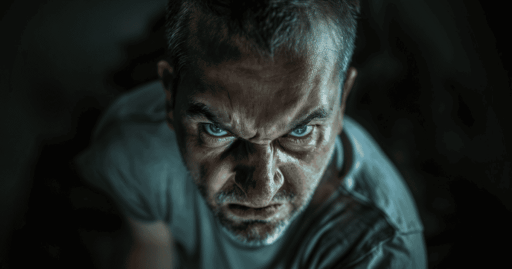 A harsh close-up reveals a man looking down into the camera with an intensely angry, furrowed brow and piercing blue eyes, portraying a raw flash of psychological intimidation.