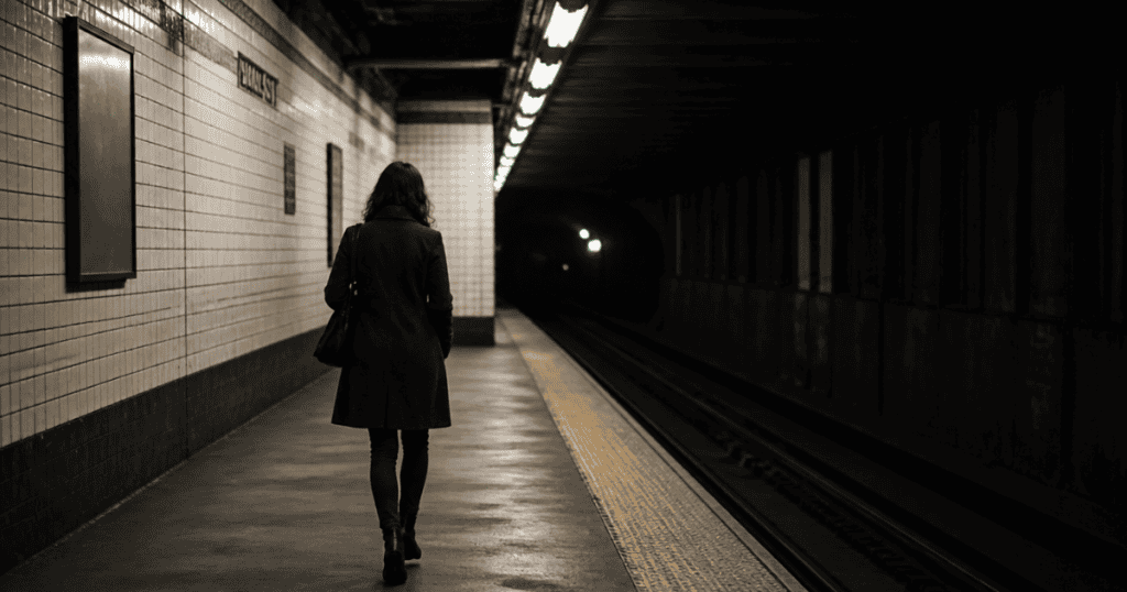 A lonely woman walks down a dimly lit, empty subway platform toward a dark tunnel, visually representing the isolating path required to complete the 6 steps every narcissist needs you to master.