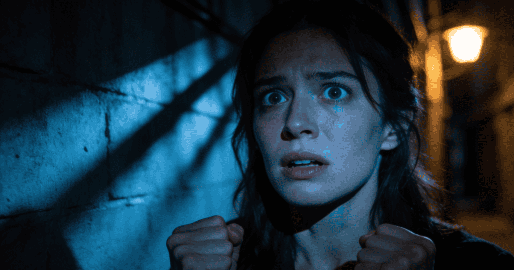A young woman with wide, panicked eyes and clenched fists stands frozen against a concrete wall under a harsh blue shadow, showing a visceral vulnerability to an intense external threat.