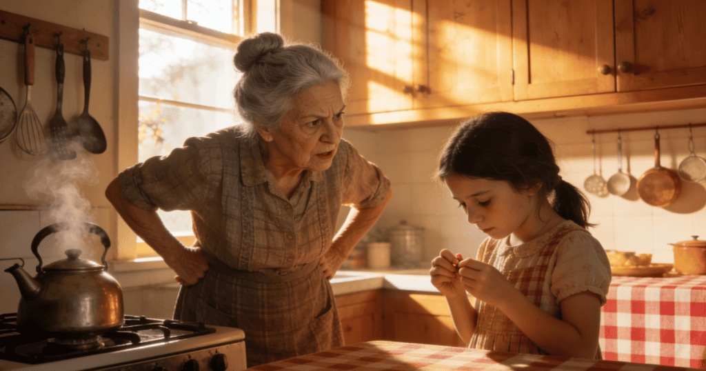 An older woman in an apron aggressively scolds a young girl who looks down sorrowfully in a rustic kitchen, powerfully illustrating how children are conditioned to believe that volatile hostility is what love looks like.