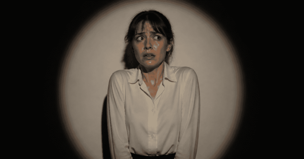 A startled woman in a white blouse looks anxiously to the side while caught in a bright circle of light, capturing a panicked vulnerability for when you shut down when youโre in the spotlight.