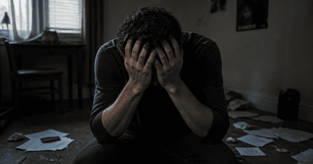 A man sits in a dimly lit, messy room with his face buried entirely in his hands, reflecting a profound sense of psychological collapse and personal shrinkage.