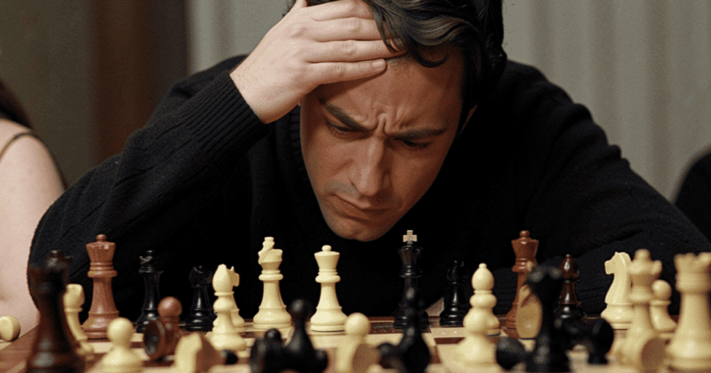 A man stares down intensely at a chessboard with his hand resting stressed on his forehead, trying to calculate his next move after his strategic dominance has been completely dismantled.