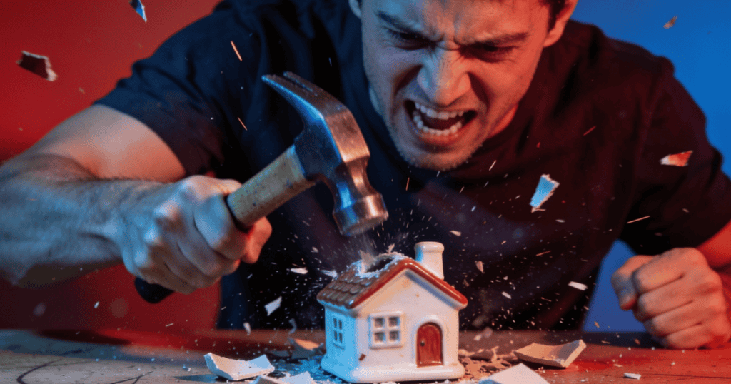 A furious man rages intensely while using a claw hammer to smash a small toy house on a table, creating a visceral, destructive metaphor for how a hidden temper quietly destroys a home from the inside out.