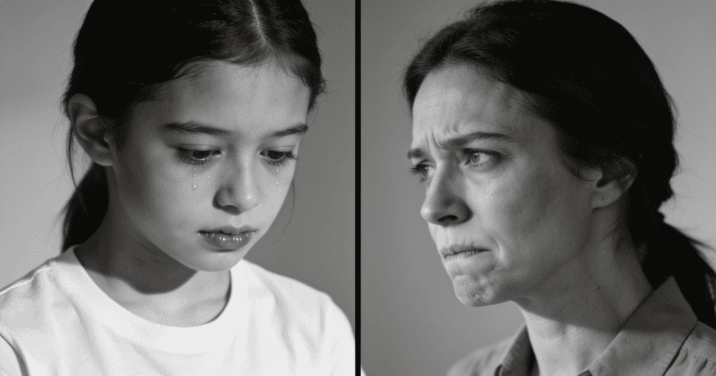 A side-by-side black and white portrait pairs a crying young girl with a visibly distressed, frowning adult woman, revealing the lasting impact of 8 childhood traumas from narcissistic families.