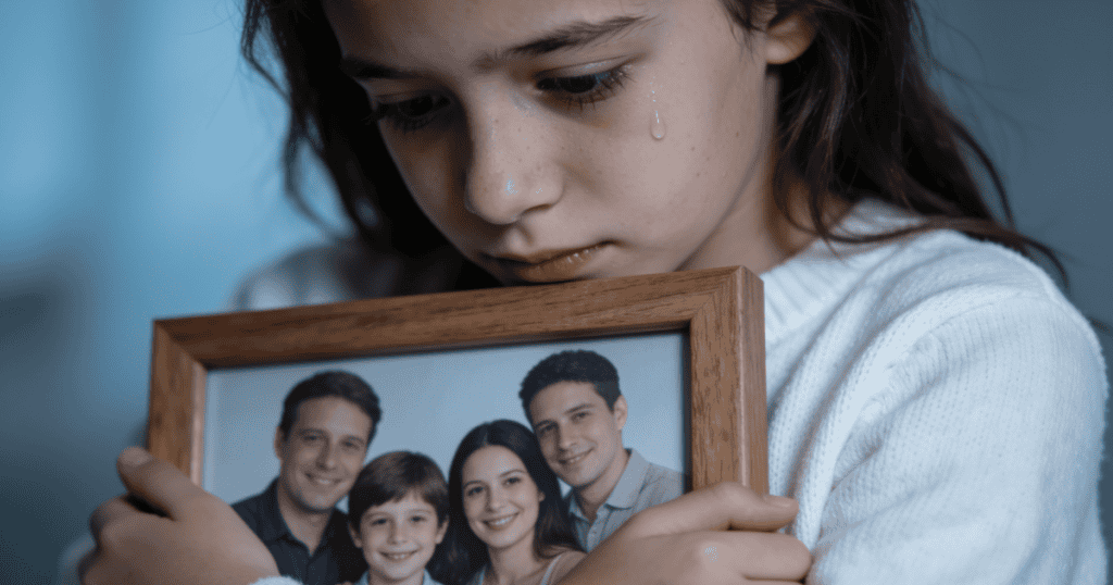 A tearful young girl tightly hugs a framed family photograph close to her chest, capturing the deep, internal sorrow that marks the early phase of the 8 silent stages of being raised by a narcissist.