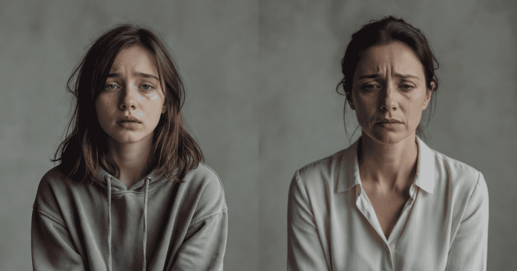 Two split-screen portraits show a crying teenager next to a tearful adult woman looking downward, reflecting the heavy emotional residue of 8 weird childhood traumas from narcissistic families that follow you into adulthood.