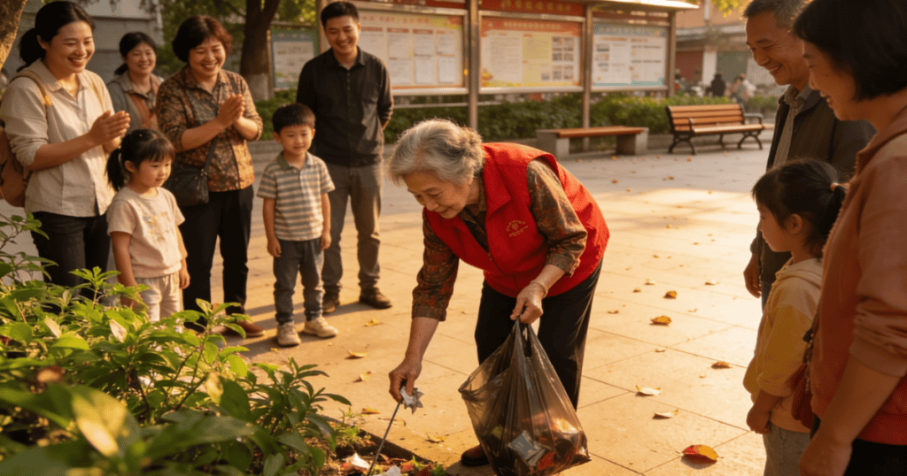 An elderly woman collects litter in a plastic bag inside a public square while a surrounding group of onlookers smiles and applauds, highlighting a charitable community act performed right in front of an appreciative audience.