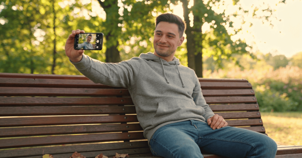 A man sits on a wooden park bench and smiles while holding his smartphone out to take a selfie, capturing a curated moment meant to be broadcast across digital spaces.