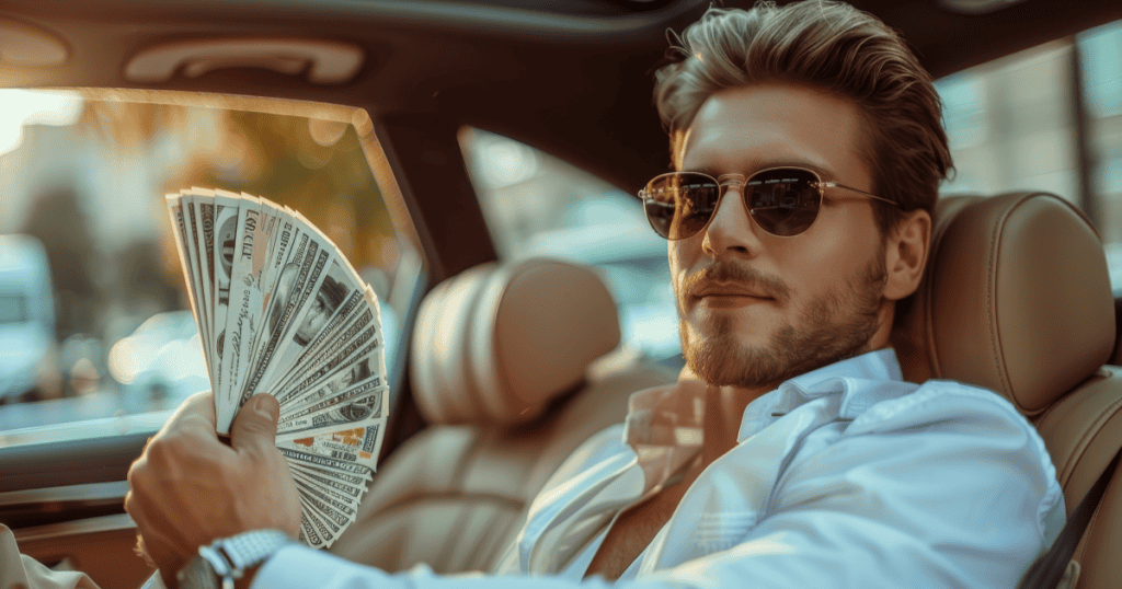 A man flaunts cash from a luxury car, symbolizing the wealth, status, and social influence that narcissists are often careful not to challenge.