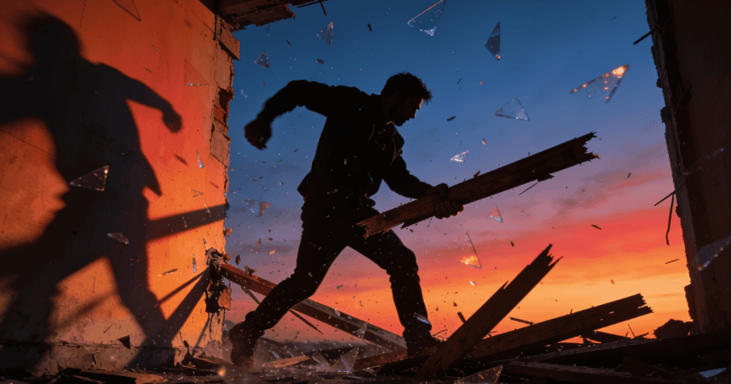 A silhouetted man actively tears down a room while loose wooden planks and shattered glass explode around him against a sunset sky, dramatically showing the chaotic wreckage left behind by an abusive outburst.