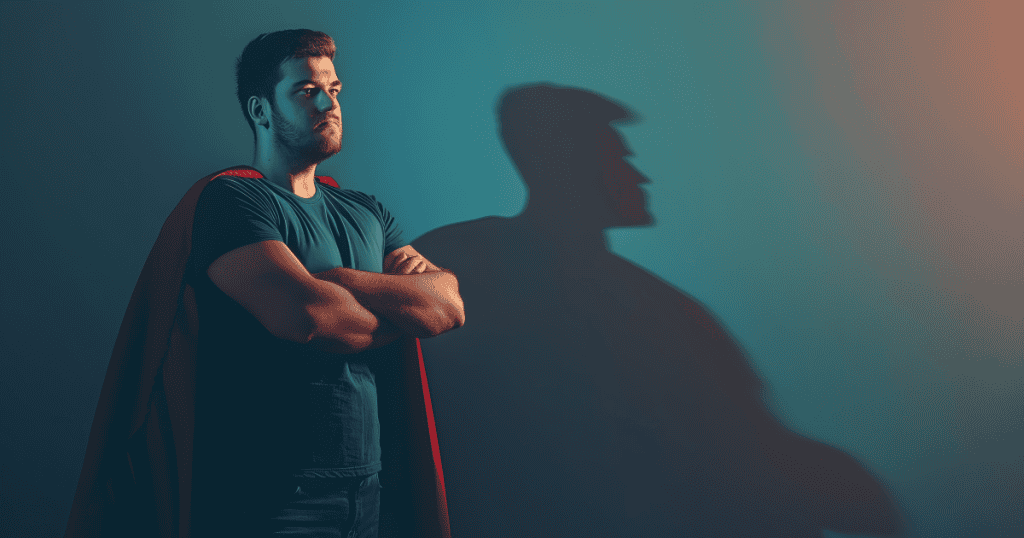 A man in a cape casting an exaggerated, oversized shadow, illustrating how a defeated narcissist becomes consumed with performing strength and grandeur to mask the power they've actually lost.