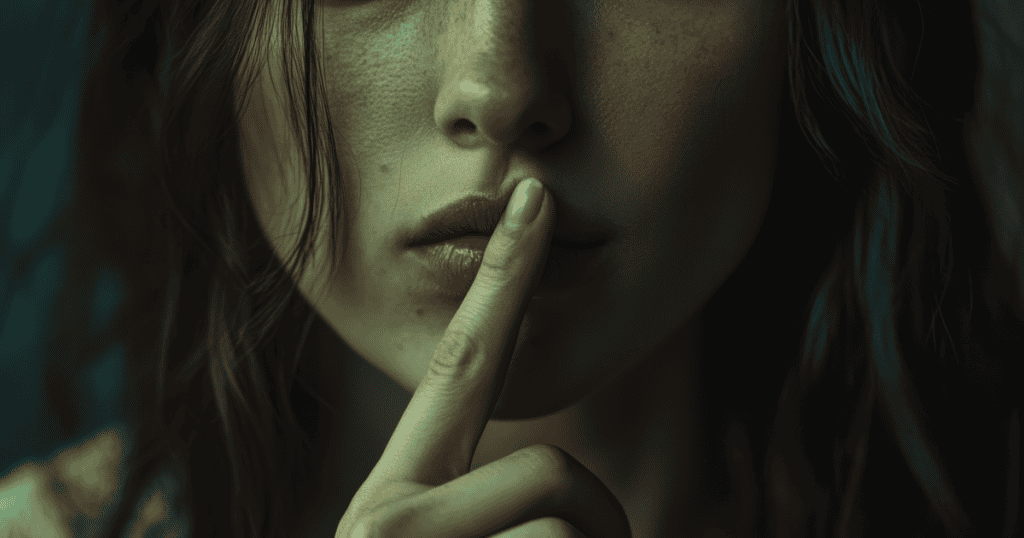A close-up of a woman holding a finger to her lips in a hushing gesture, symbolizing how a narcissist enforces an unspoken rule of silence to keep family members from voicing the truth.