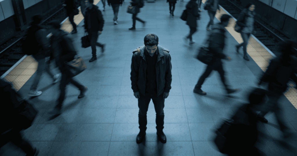 A solitary man stands perfectly still in the center of a bustling subway platform, starkly contrasted against the blurred rush of a crowd that leaves him completely isolated in his own internal decay.