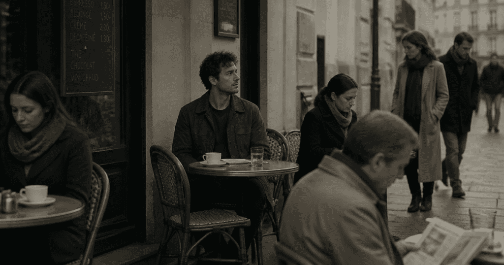 A man sits detached and observant at a somber outdoor cafe table while oblivious strangers walk past, subtly capturing the emotional disconnect that sets in when a narcissist's greatest weapon has an expiration date.