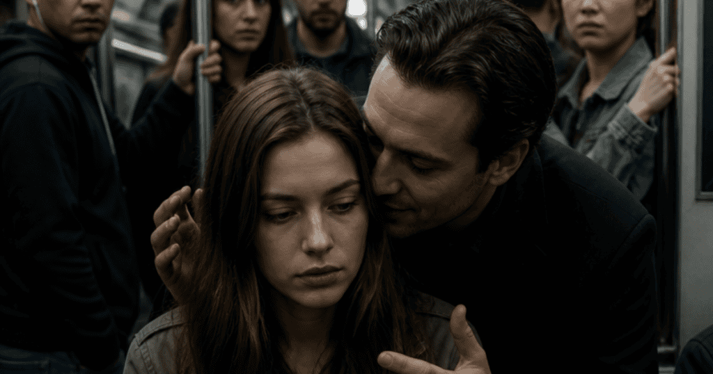 A man whispers intently into the ear of a solemn, unresponsive woman on a crowded subway train, illustrating the exact moment an aggressive emotional projection fails to elicit its intended reactive behavior.