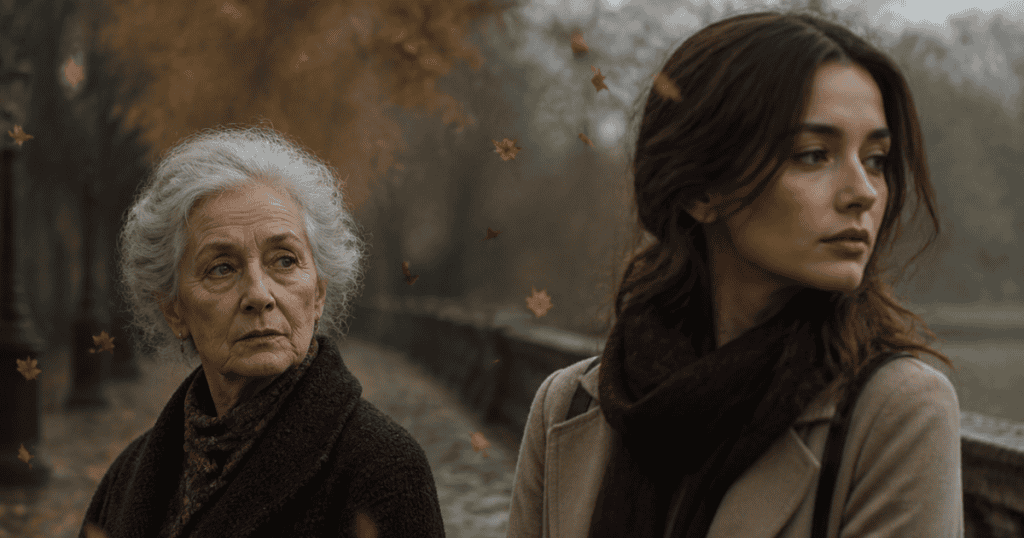 An older woman glances skeptically at a younger woman on a chilly autumn walkway, subtly illustrating how malicious envy starts showing up in close relationships.
