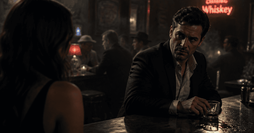 A man sitting at a dimly lit bar stares intensely at a woman sitting across from him, capturing the initial, predatory calculation of how narcissists can tell who will tolerate their abuse in under 60 seconds.