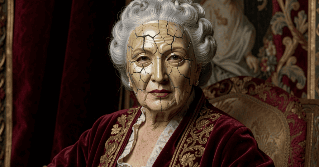 An older woman with powdered gray hair sits rigidly in a velvet robe while wearing a pale, cracked porcelain mask that obscures her features, portraying a fragile and carefully maintained psychological front.