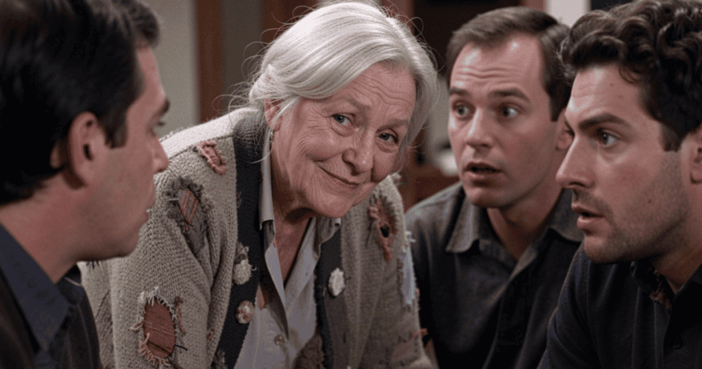An older woman smirks knowingly while surrounded by several men with shocked and concerned expressions, reflecting a toxic dynamic of spreading doubt, rumors, or shame.
