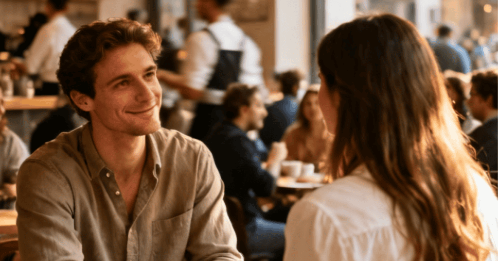 A man looks warmly across a bustling restaurant table at a companion whose back is to the camera, capturing a charming display of focus that shifts only when the underlying balance of power is altered.