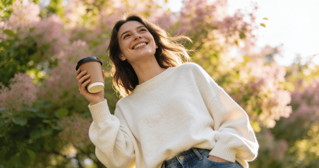 A young woman smiles brightly and looks up toward the sky while holding a coffee cup outdoors beneath blooming pink bushes, enjoying a peaceful moment of clarity that came only after choosing to completely disengage.