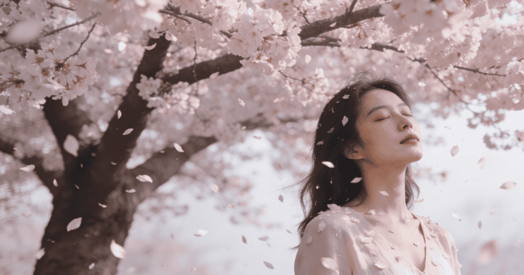 A woman stands serenely beneath a blooming cherry blossom tree with falling pink petals brushing past her face, exhaling deeply as she completely releases a weight that was never hers to hold.
