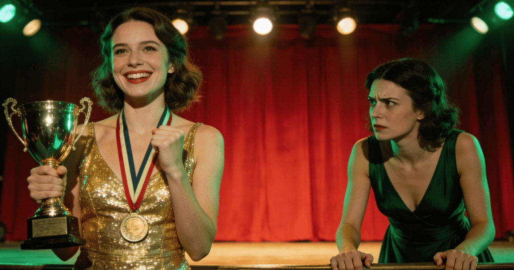 A woman proudly holds a first-place trophy on stage while another woman next to her glares with deep resentment, demonstrating why your happiness feels like an insult to them.