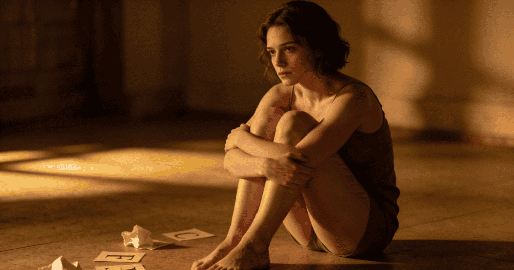 A lonely woman sits on the floor with her knees tucked to her chest near scattered pieces of paper, capturing a vulnerable moment that shows why malicious envy is so dangerous.