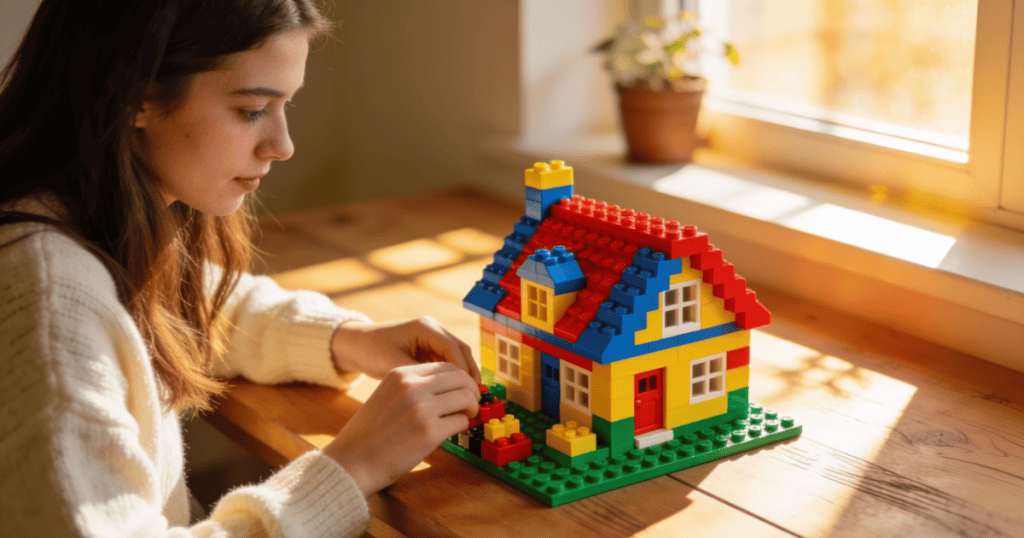 A focused young woman sits at a wooden table near a sunlit window carefully constructing a bright house out of plastic toy bricks, representing a gentle, intentional fresh start that reminds you that you don't have to rebuild the house you grew up in.