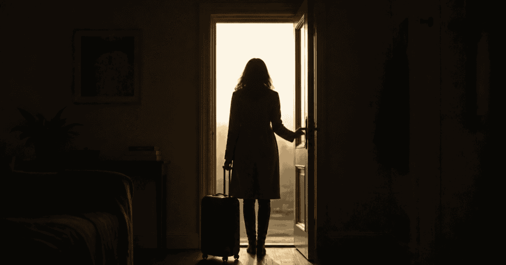 A silhouetted woman stands in a dark room holding a suitcase as she opens the door toward a bright landscape, quietly demonstrating why these patterns follow you even after you leave.
