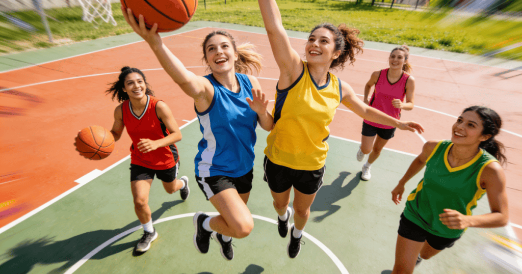 A group of young women smile and jump high to play an energetic game of basketball, highlighting the vibrant teamwork needed to protect your peace from their envy.