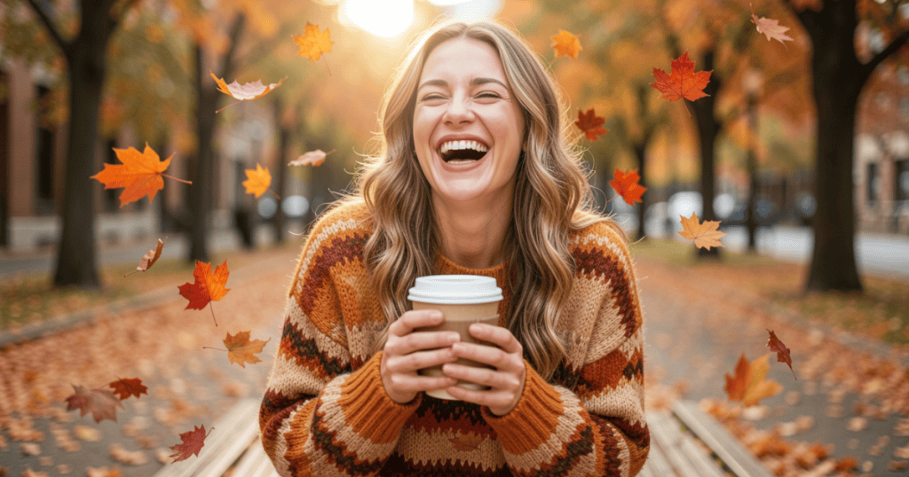 A woman laughs joyfully while holding a warm coffee cup as autumn leaves fall around her, showcasing a radiant state of mind that others might want to destroy because they can't have it.