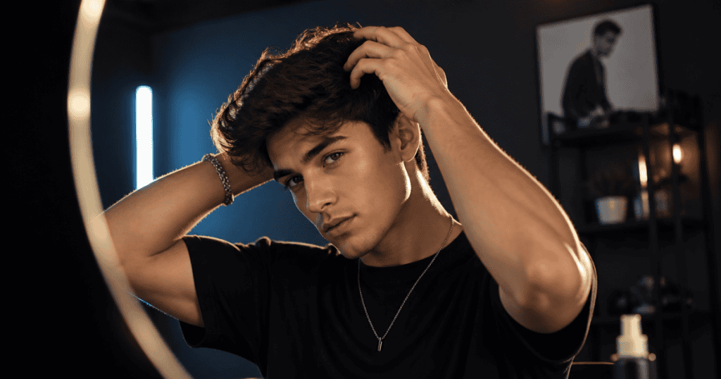 A young man meticulously adjusts his hair while gazing intently into a ring light, highlighting the deep obsession with projecting a flawless public image.