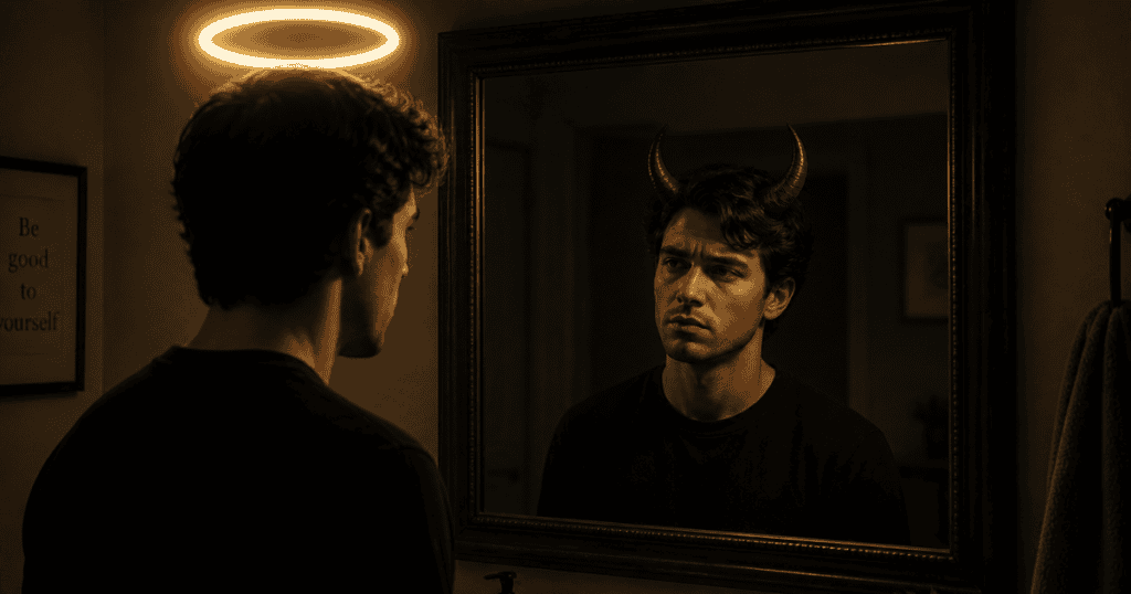 A man stands under a glowing halo while his mirror reflection reveals red devil horns, symbolizing the profound delusion of believing oneself to be entirely virtuous.