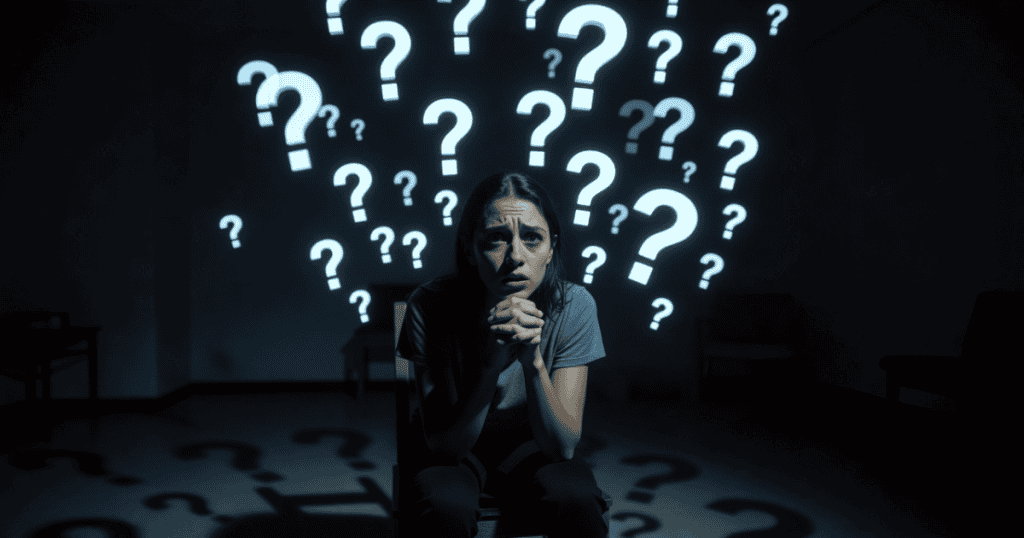 A anxious young woman sits alone in a dark room surrounded by glowing question marks, capturing the feeling of being trapped inside a mental spiral.