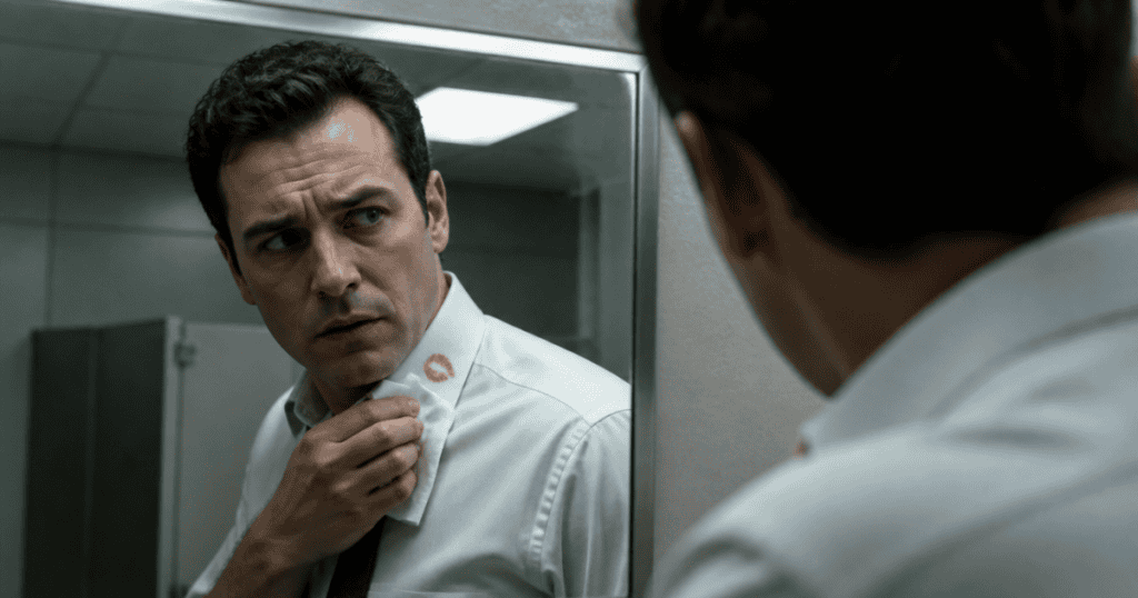 A man rubs a tissue against a red lipstick mark on his collar while looking into a mirror, capturing the covert betrayal that silently exposes a partner's physical well-being to unseen dangers.