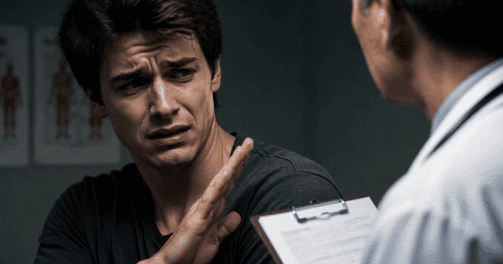 A young man holds up his hand in defense while looking distressed in front of a doctor holding a clipboard, portraying a resistant refusal to prioritize preventive care and open communication.
