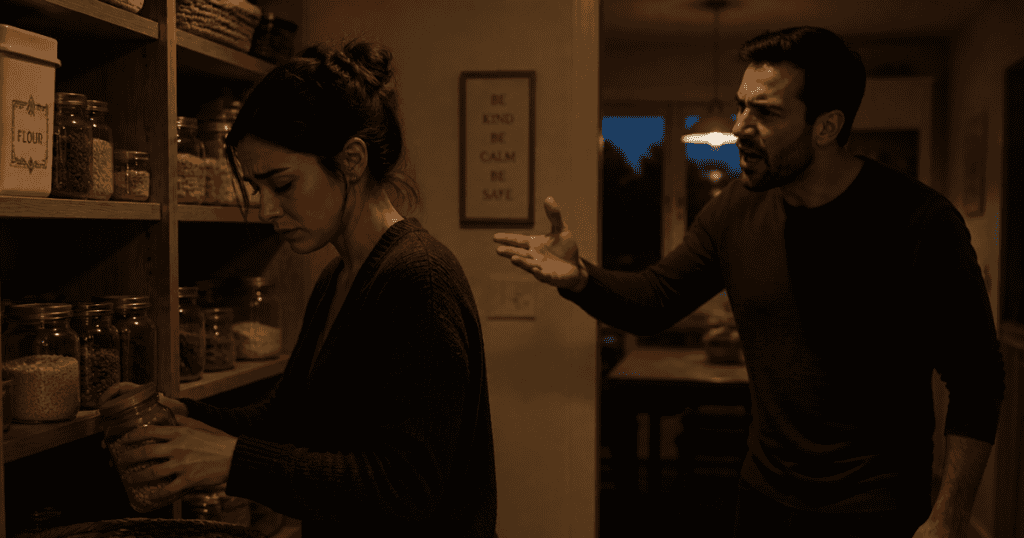 A distressed woman turns away to organize glass jars in a dimly lit pantry while a man gestures aggressively behind her, showing how persistent toxicity eventually disrupts everyday domestic peace.