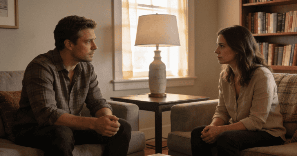 A man and a woman sit opposite each other in armchairs and talk calmly, reflecting the understanding that having a different perspective does not mean treating one another with unkindness.
