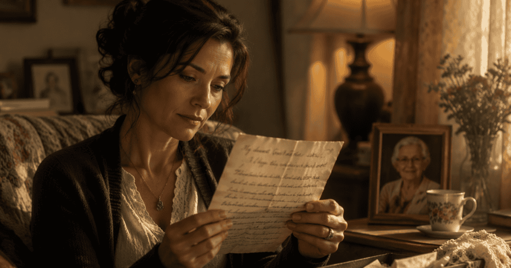 A woman quietly reads a handwritten letter near a framed photograph, observing her complex emotions as they arise rather than letting nostalgia dictate her choices.