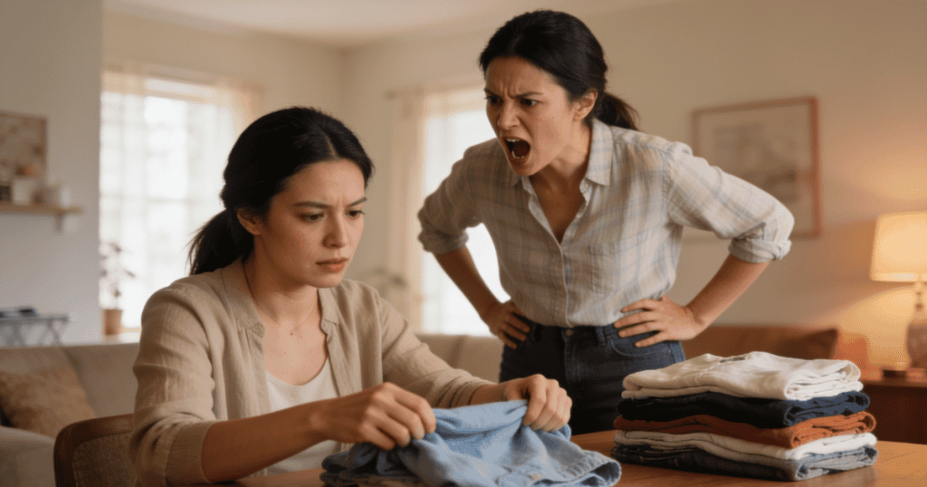 A woman aggressively shouts at another woman who continues folding laundry with a somber expression, signaling the moment an antagonist's emotional control starts to crack.
