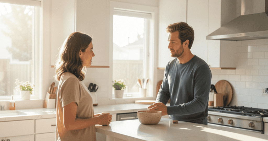 A man and a woman talk calmly over a kitchen counter, representing how safe communication allows partners to seek clarity before jumping to conclusions.