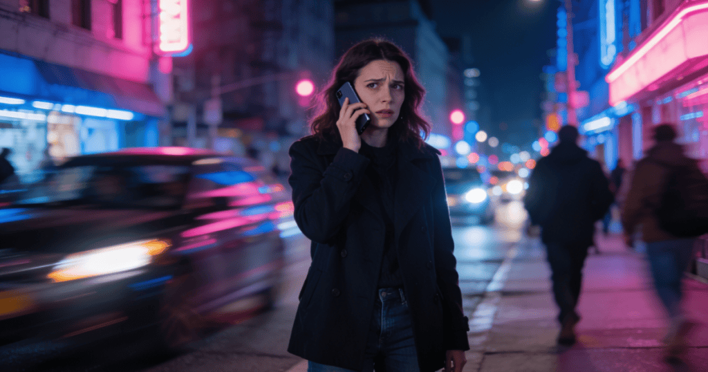 A concerned woman speaks on her mobile phone while standing on a bustling city street at night, capturing the frantic emotional urgency that heightens when they keep you trapped in the cycle.