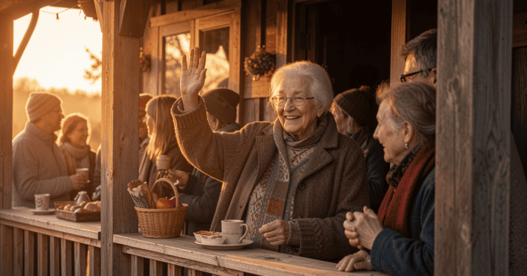 An elderly woman smiles warmly and waves from a crowded wooden porch, capturing the desire to always remain the beloved center of attention.