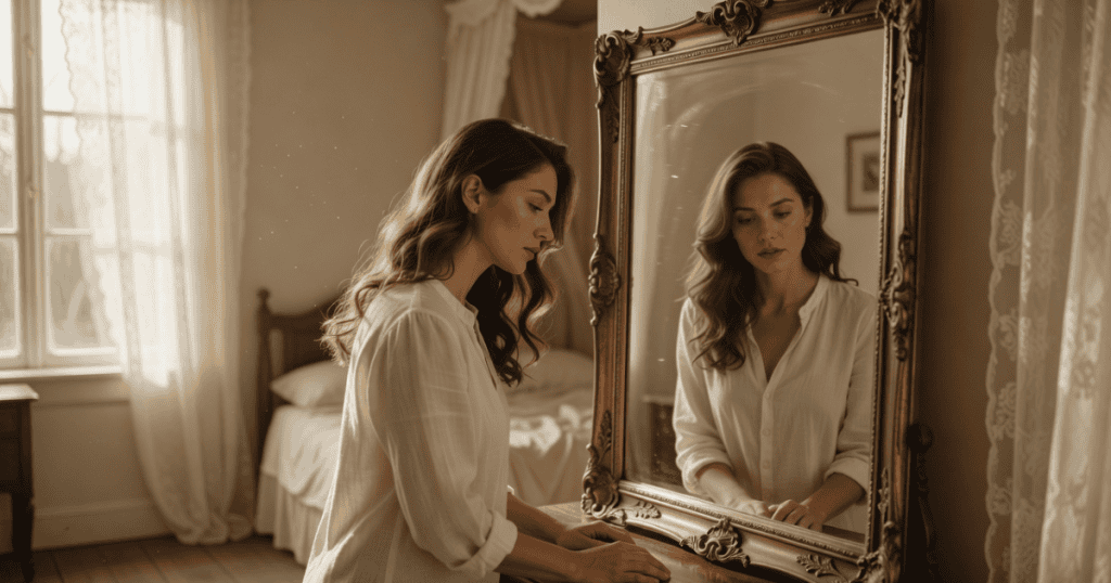 A woman gazes thoughtfully into a ornate vintage mirror, representing the quiet courage it takes to face the parts of yourself you feel ashamed of.