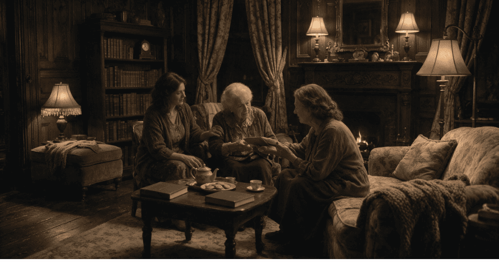 Three women sit closely together in a dimly lit, vintage living room sharing a tearful conversation, capturing how difficult moments are often used to make another's existence feel more tolerable.